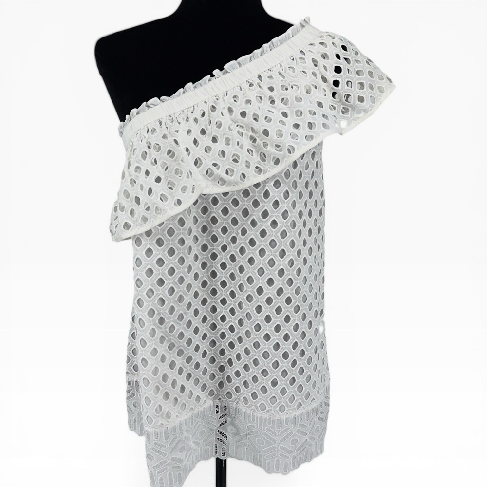 Tory Burch Zoe Top White Eyelet Lace One Shoulder Ruffle Blouse Size 10 $250